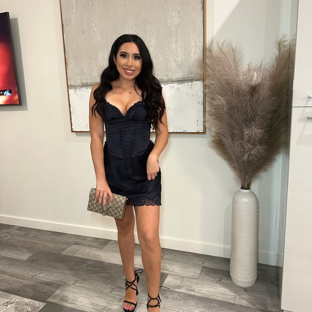 House of CB Soraya Dress, Navy Satin Slip Dress
Size S